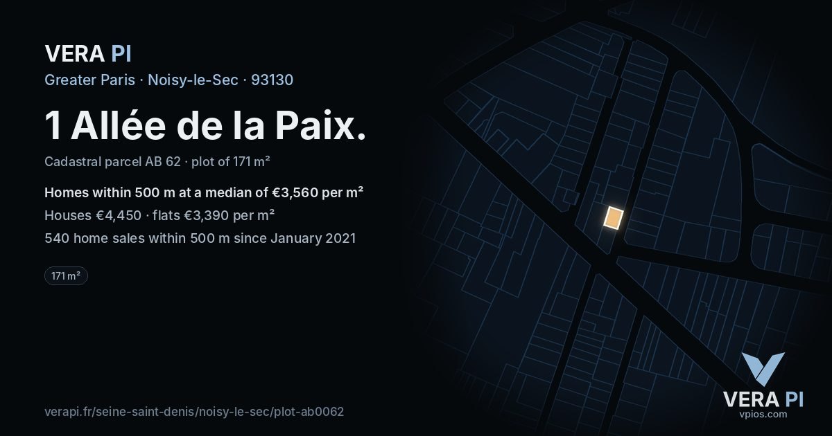1 Allée de la Paix, Noisy-le-Sec at night – the plot lit, the parcels around coloured by the prices near them