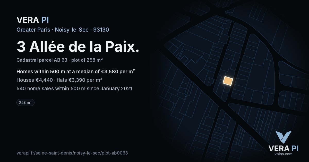 3 Allée de la Paix, Noisy-le-Sec at night – the plot lit, the parcels around coloured by the prices near them