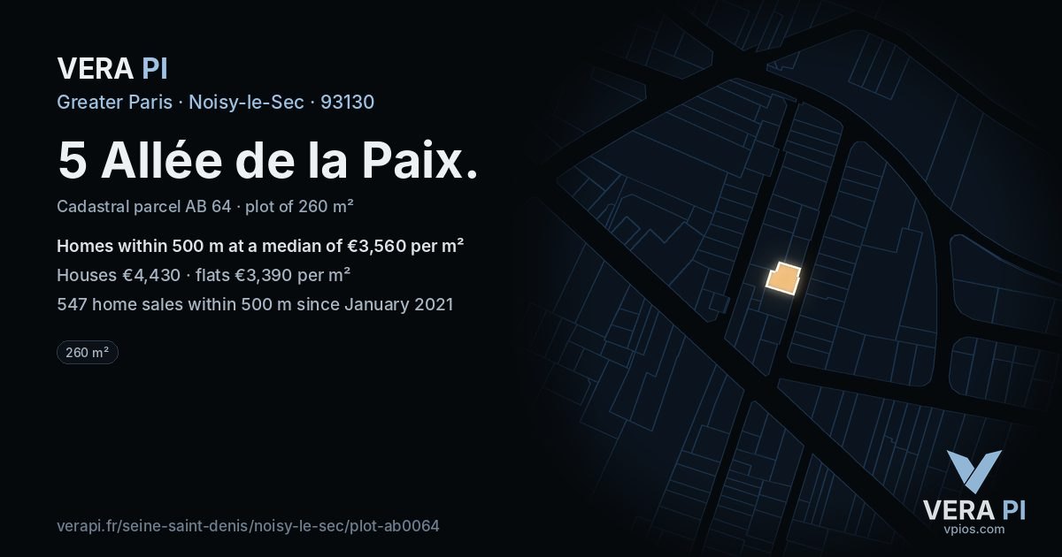 5 Allée de la Paix, Noisy-le-Sec at night – the plot lit, the parcels around coloured by the prices near them