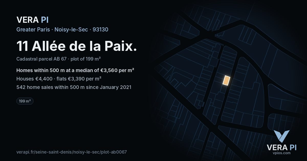 11 Allée de la Paix, Noisy-le-Sec at night – the plot lit, the parcels around coloured by the prices near them