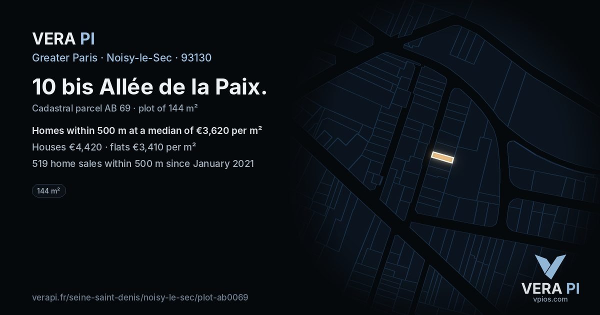 10 bis Allée de la Paix, Noisy-le-Sec at night – the plot lit, the parcels around coloured by the prices near them