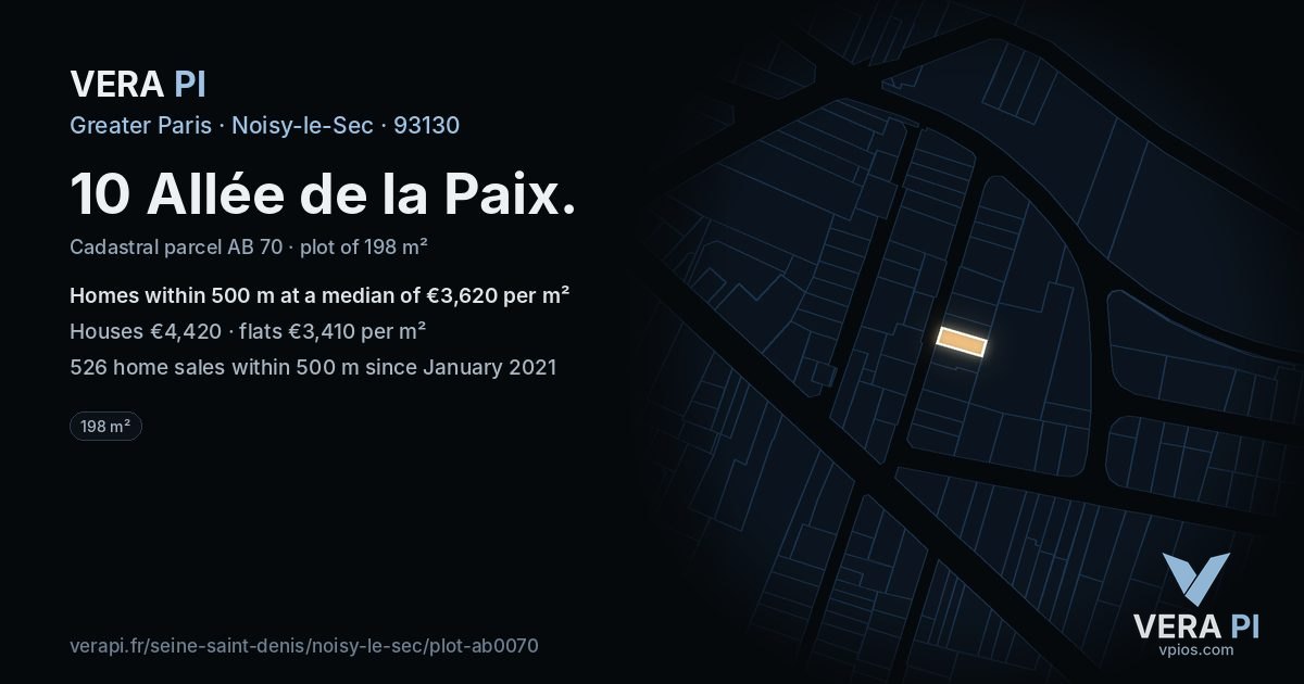 10 Allée de la Paix, Noisy-le-Sec at night – the plot lit, the parcels around coloured by the prices near them