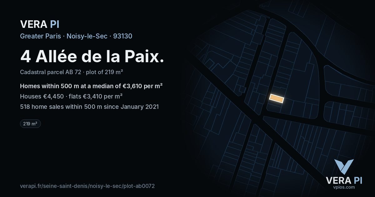 4 Allée de la Paix, Noisy-le-Sec at night – the plot lit, the parcels around coloured by the prices near them