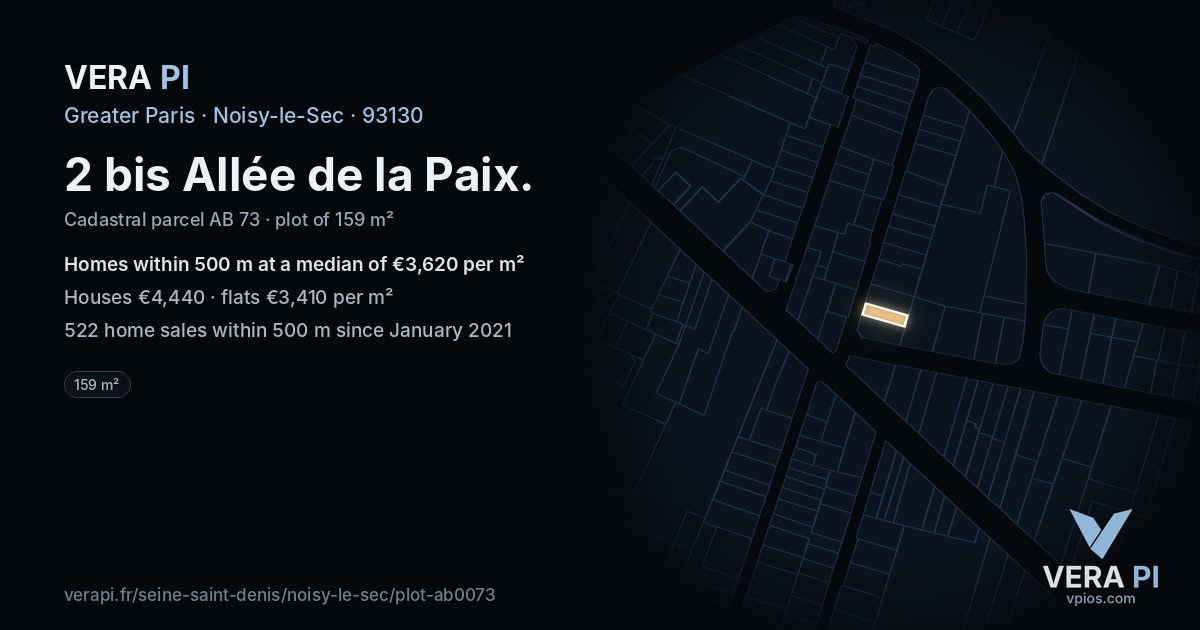 2 bis Allée de la Paix, Noisy-le-Sec at night – the plot lit, the parcels around coloured by the prices near them