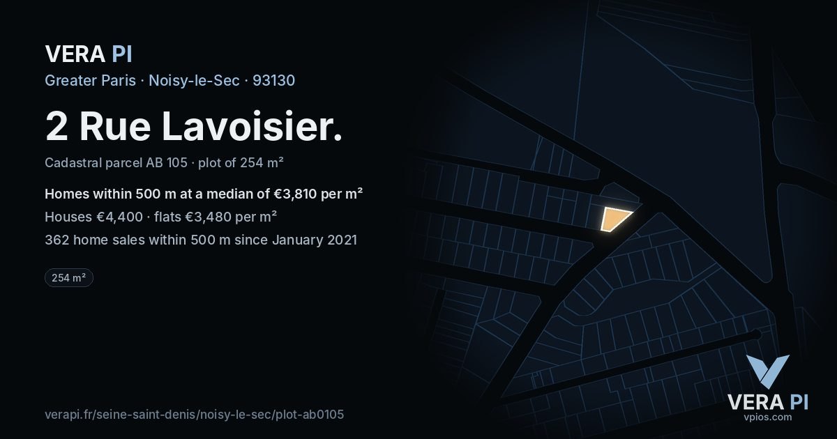2 Rue Lavoisier, Noisy-le-Sec at night – the plot lit, the parcels around coloured by the prices near them