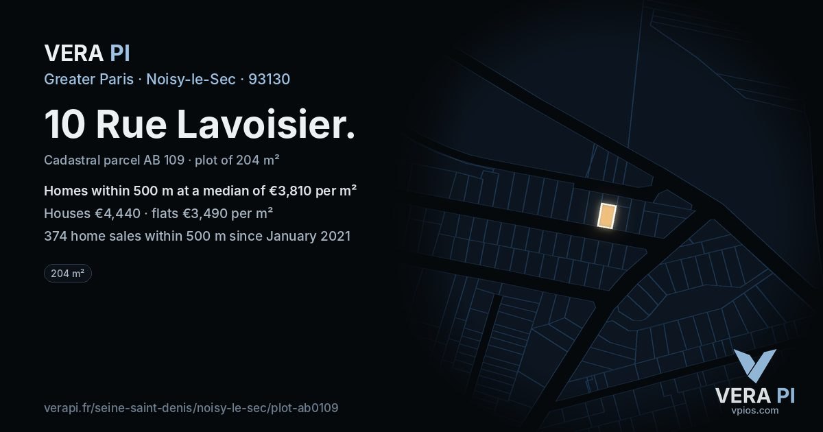10 Rue Lavoisier, Noisy-le-Sec at night – the plot lit, the parcels around coloured by the prices near them