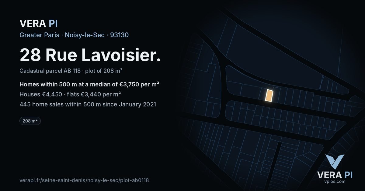 28 Rue Lavoisier, Noisy-le-Sec at night – the plot lit, the parcels around coloured by the prices near them