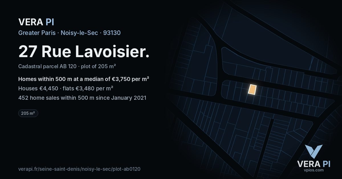 27 Rue Lavoisier, Noisy-le-Sec at night – the plot lit, the parcels around coloured by the prices near them