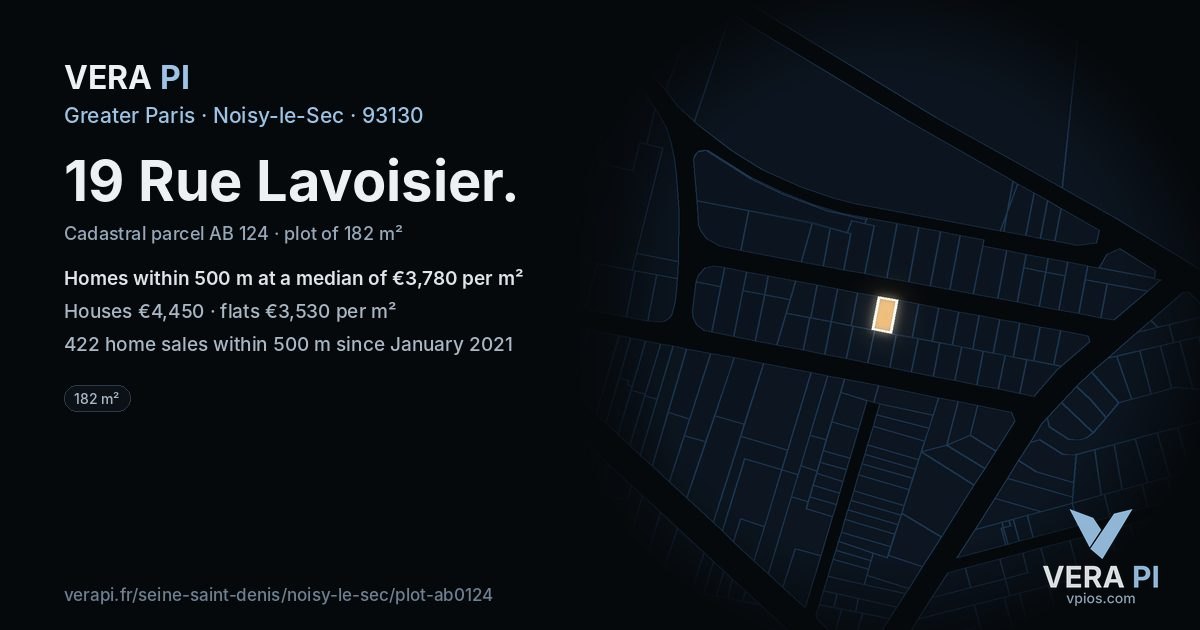 19 Rue Lavoisier, Noisy-le-Sec at night – the plot lit, the parcels around coloured by the prices near them