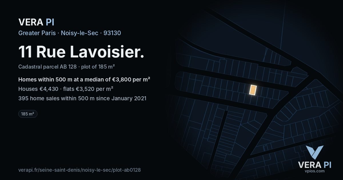 11 Rue Lavoisier, Noisy-le-Sec at night – the plot lit, the parcels around coloured by the prices near them