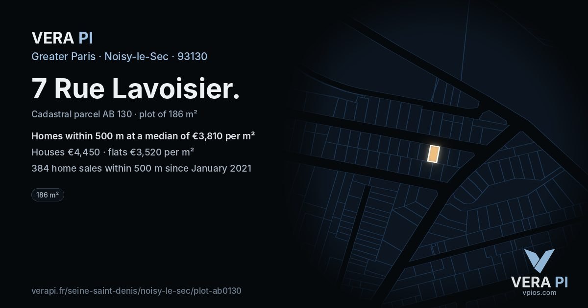 7 Rue Lavoisier, Noisy-le-Sec at night – the plot lit, the parcels around coloured by the prices near them