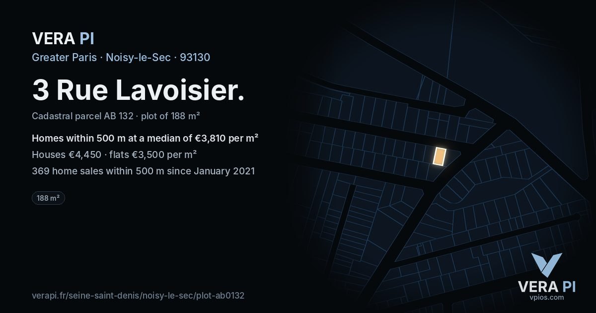 3 Rue Lavoisier, Noisy-le-Sec at night – the plot lit, the parcels around coloured by the prices near them