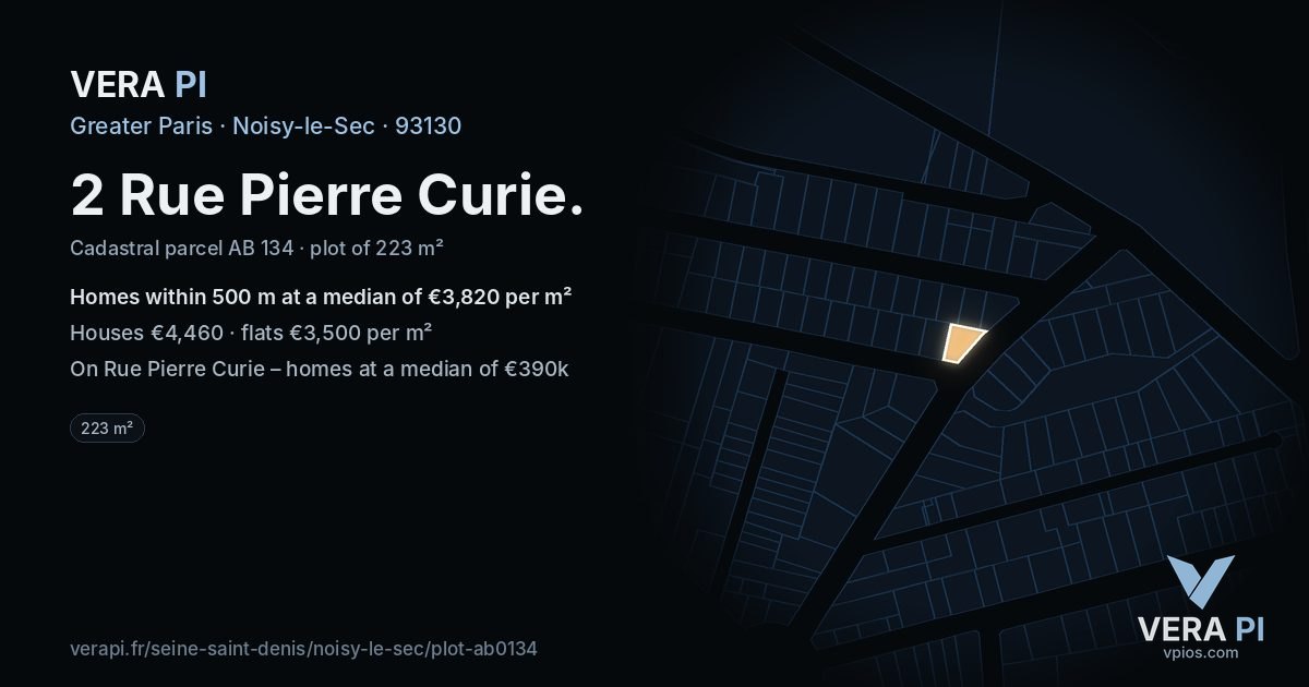 2 Rue Pierre Curie, Noisy-le-Sec at night – the plot lit, the parcels around coloured by the prices near them