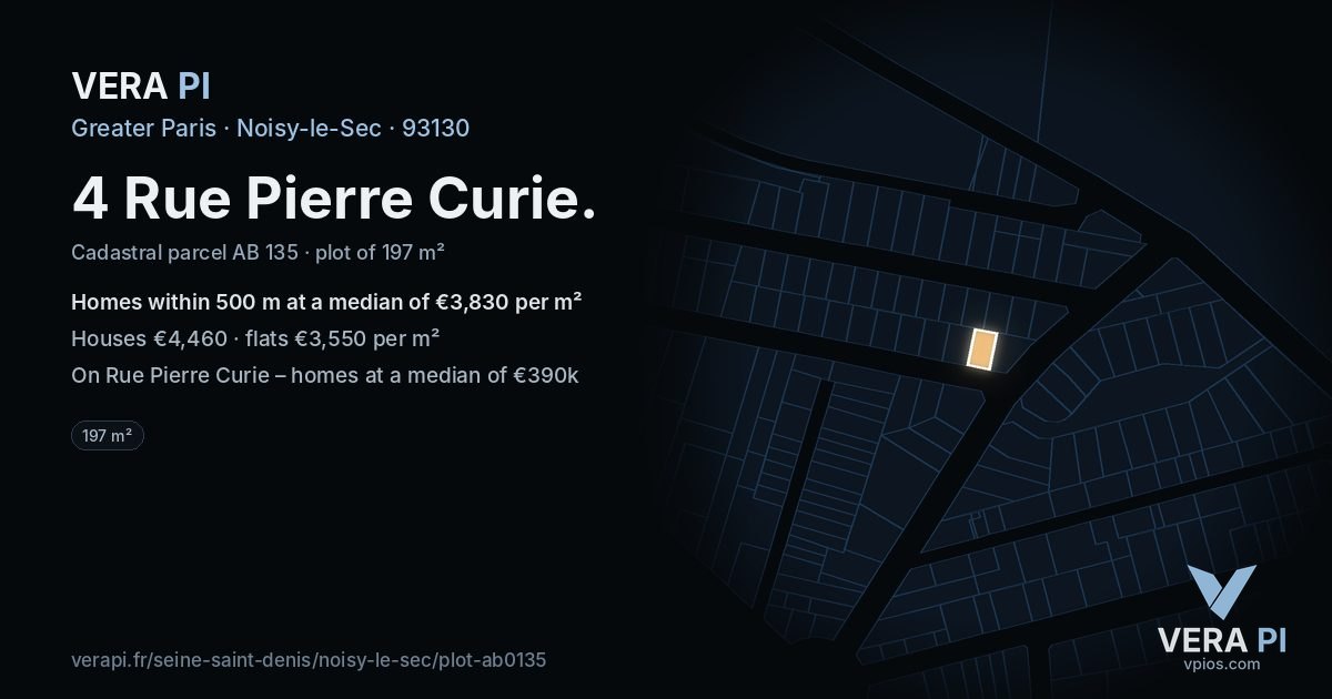 4 Rue Pierre Curie, Noisy-le-Sec at night – the plot lit, the parcels around coloured by the prices near them