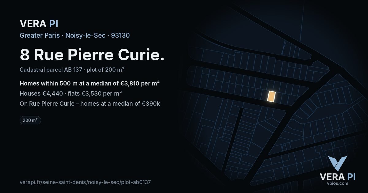 8 Rue Pierre Curie, Noisy-le-Sec at night – the plot lit, the parcels around coloured by the prices near them