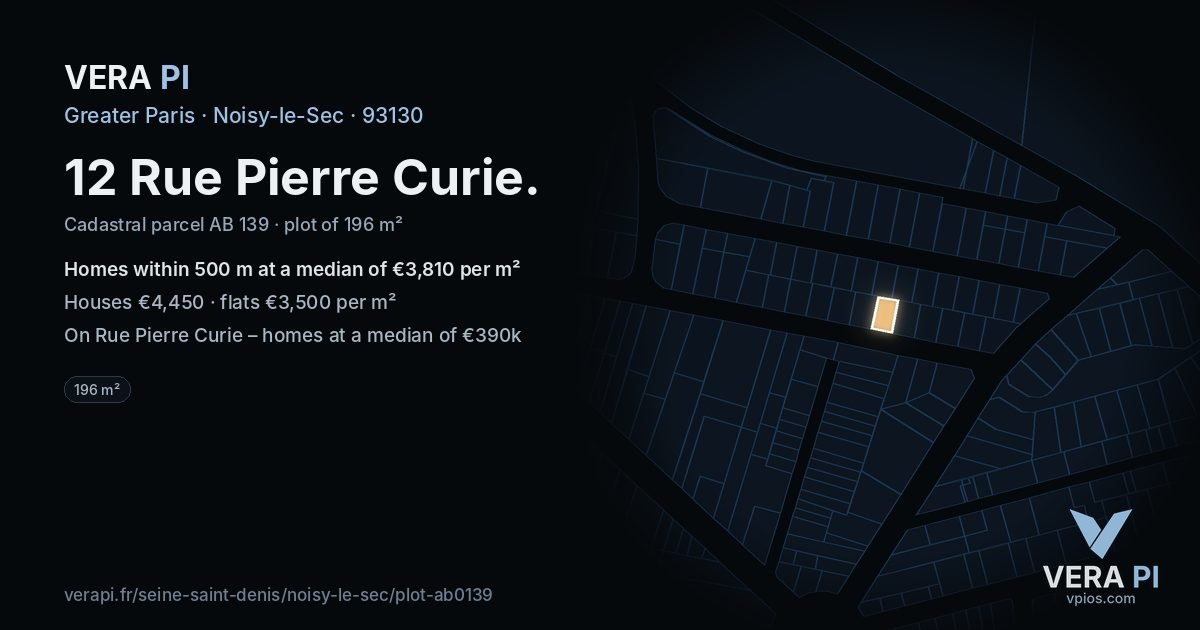 12 Rue Pierre Curie, Noisy-le-Sec at night – the plot lit, the parcels around coloured by the prices near them