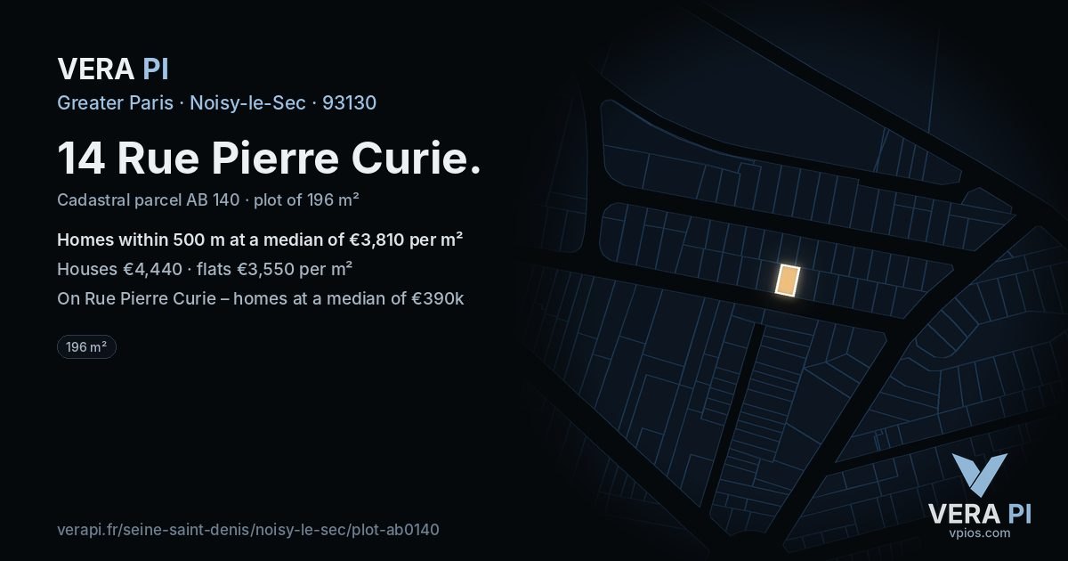 14 Rue Pierre Curie, Noisy-le-Sec at night – the plot lit, the parcels around coloured by the prices near them