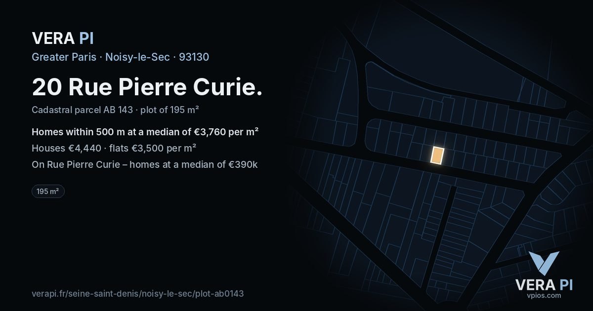 20 Rue Pierre Curie, Noisy-le-Sec at night – the plot lit, the parcels around coloured by the prices near them