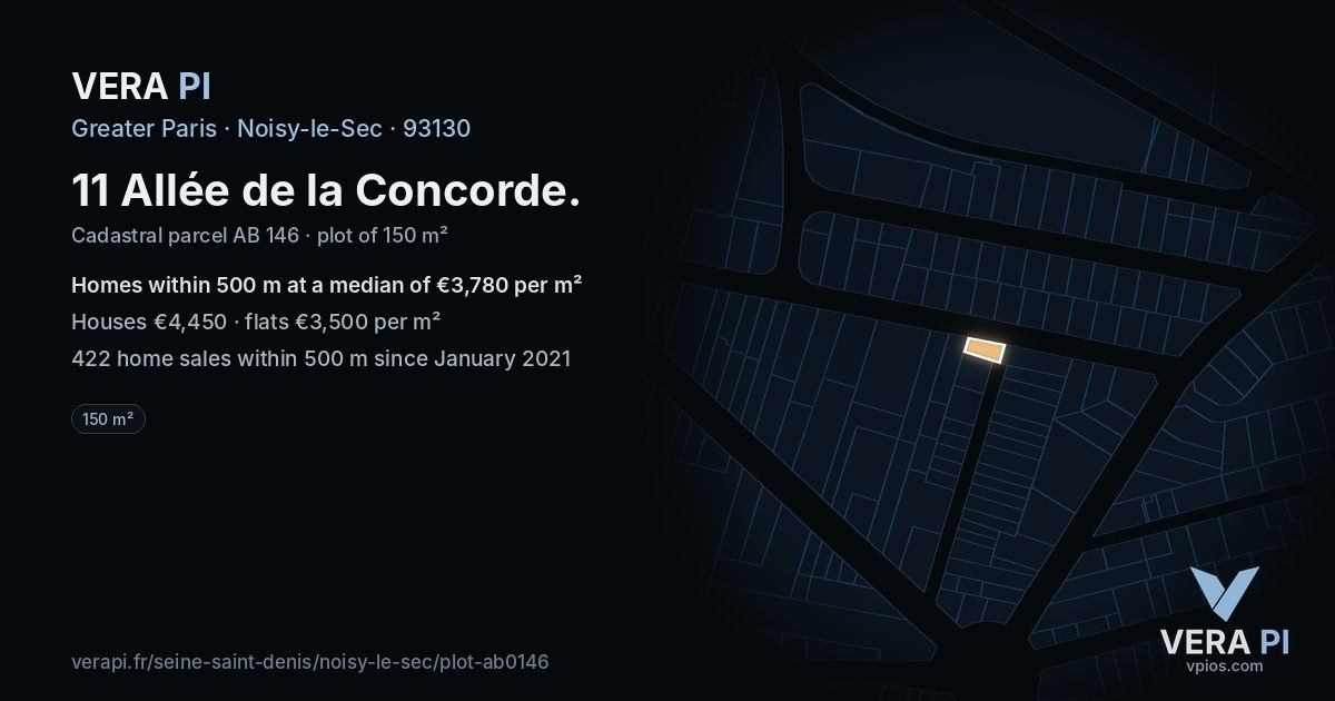 11 Allée de la Concorde, Noisy-le-Sec at night – the plot lit, the parcels around coloured by the prices near them