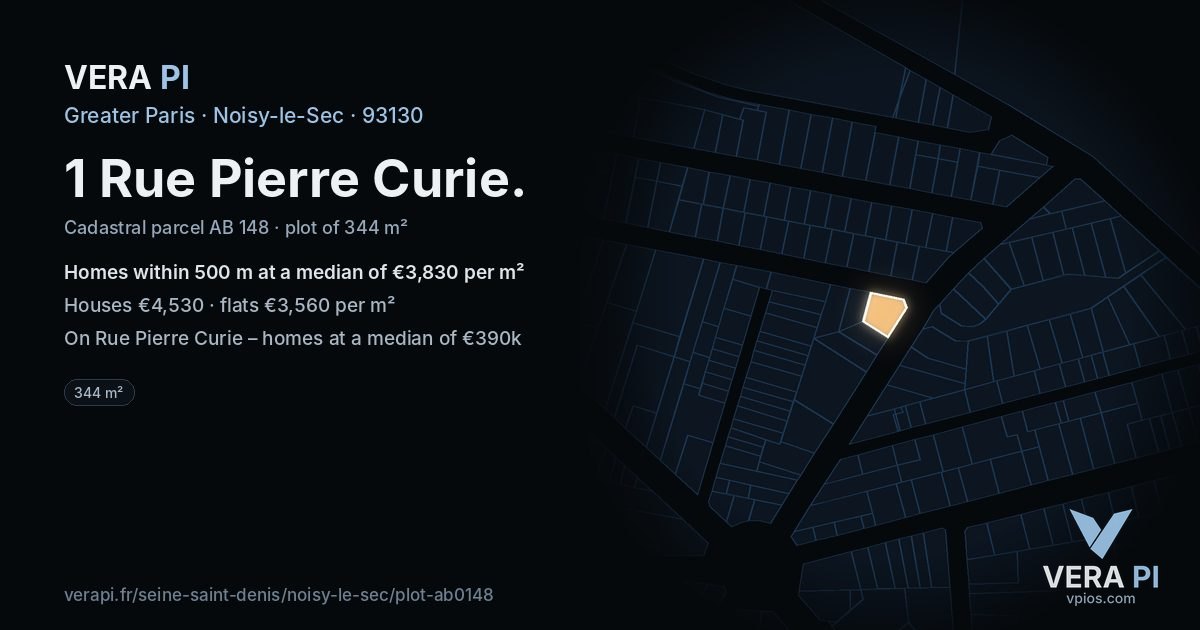 1 Rue Pierre Curie, Noisy-le-Sec at night – the plot lit, the parcels around coloured by the prices near them