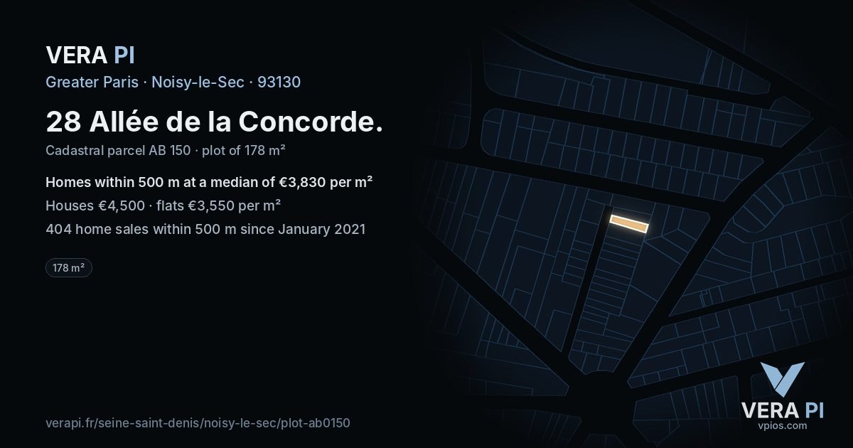28 Allée de la Concorde, Noisy-le-Sec at night – the plot lit, the parcels around coloured by the prices near them