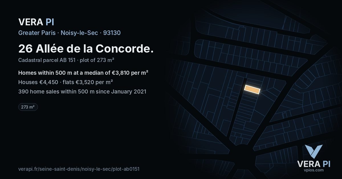 26 Allée de la Concorde, Noisy-le-Sec at night – the plot lit, the parcels around coloured by the prices near them