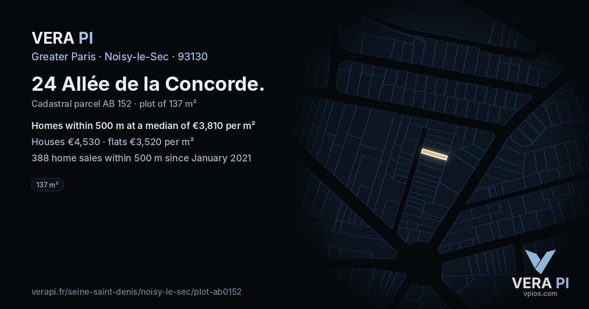 24 Allée de la Concorde, Noisy-le-Sec at night – the plot lit, the parcels around coloured by the prices near them