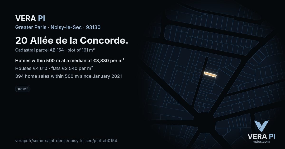 20 Allée de la Concorde, Noisy-le-Sec at night – the plot lit, the parcels around coloured by the prices near them