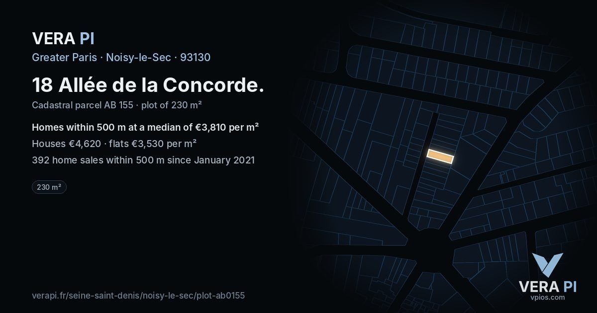 18 Allée de la Concorde, Noisy-le-Sec at night – the plot lit, the parcels around coloured by the prices near them