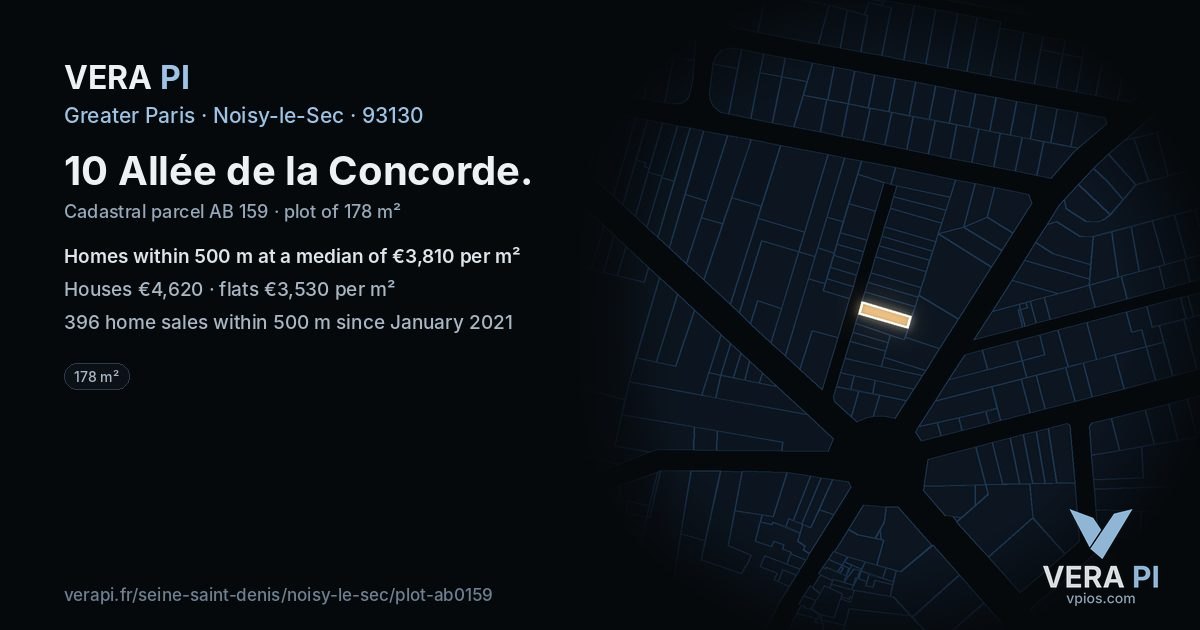 10 Allée de la Concorde, Noisy-le-Sec at night – the plot lit, the parcels around coloured by the prices near them