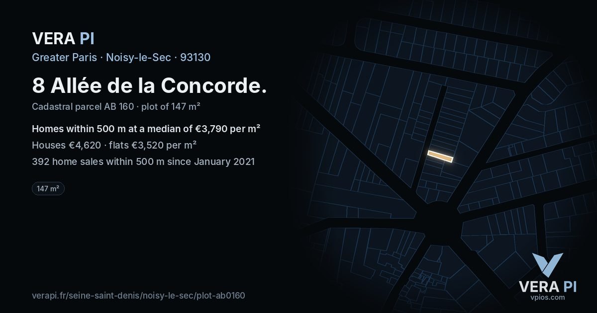 8 Allée de la Concorde, Noisy-le-Sec at night – the plot lit, the parcels around coloured by the prices near them
