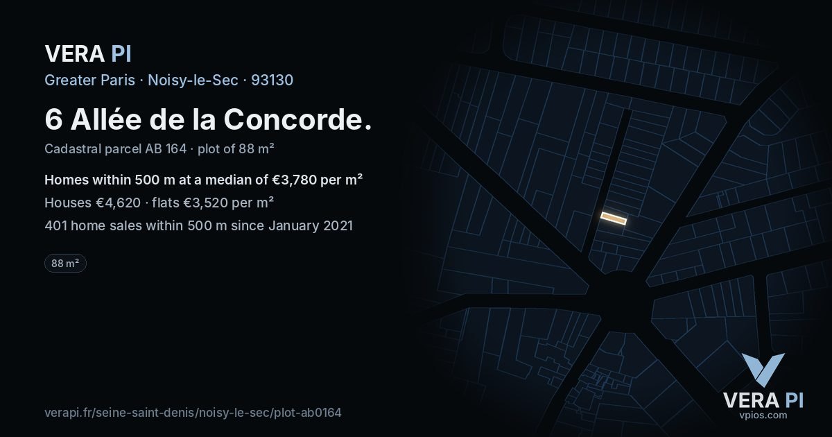 6 Allée de la Concorde, Noisy-le-Sec at night – the plot lit, the parcels around coloured by the prices near them