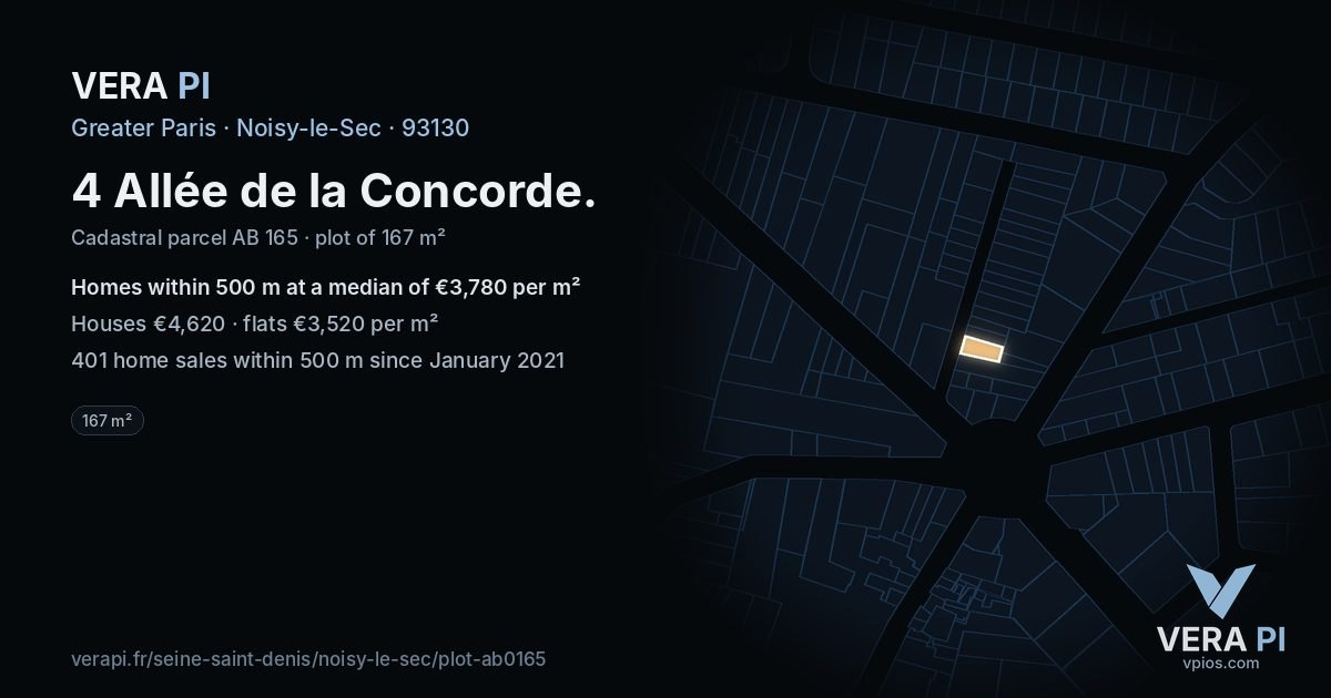 4 Allée de la Concorde, Noisy-le-Sec at night – the plot lit, the parcels around coloured by the prices near them