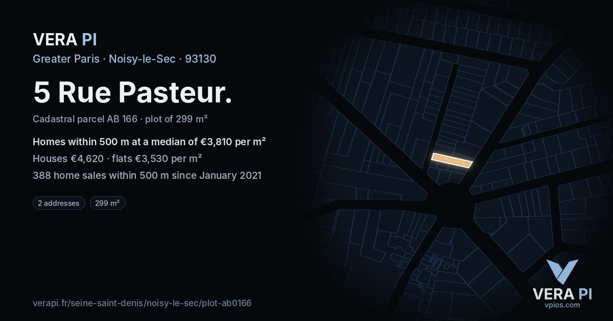 5 Rue Pasteur, Noisy-le-Sec at night – the plot lit, the parcels around coloured by the prices near them
