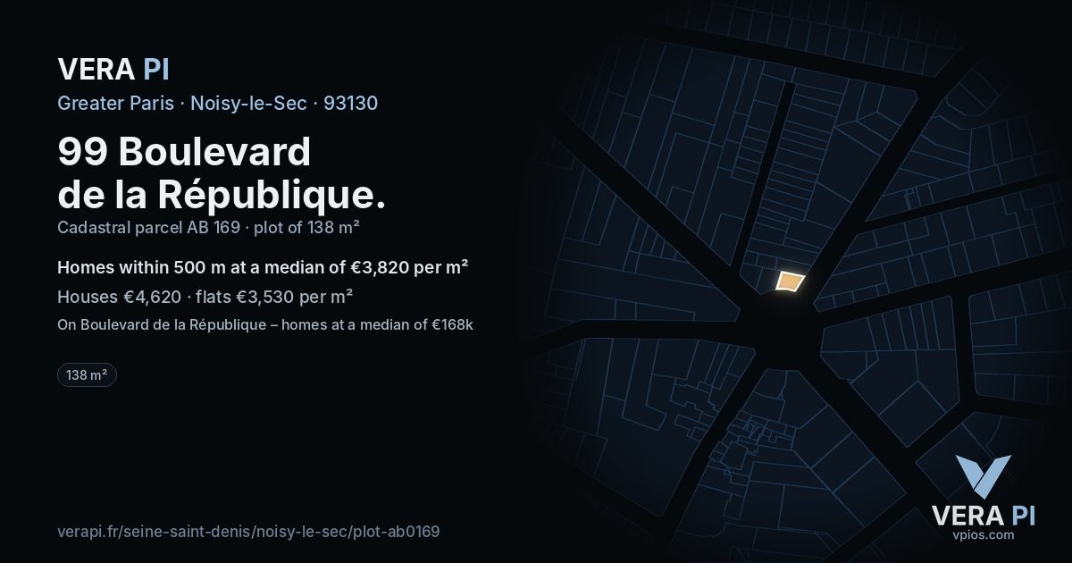 99 Boulevard de la République, Noisy-le-Sec at night – the plot lit, the parcels around coloured by the prices near them