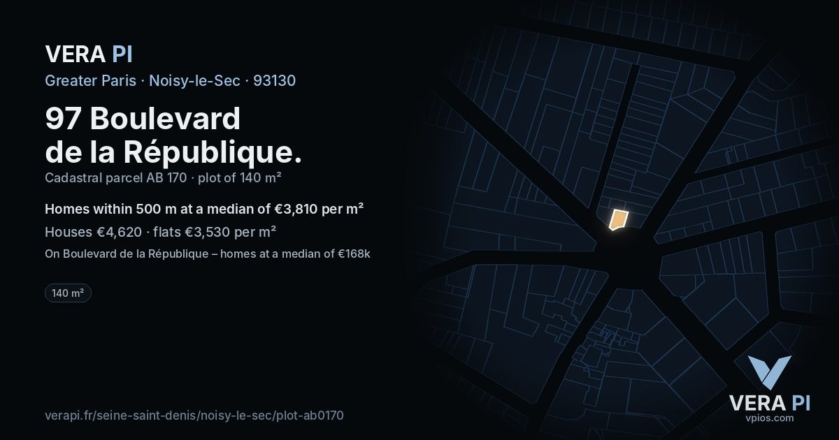 97 Boulevard de la République, Noisy-le-Sec at night – the plot lit, the parcels around coloured by the prices near them
