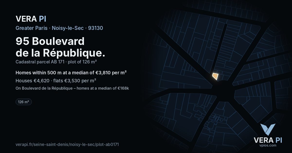 95 Boulevard de la République, Noisy-le-Sec at night – the plot lit, the parcels around coloured by the prices near them