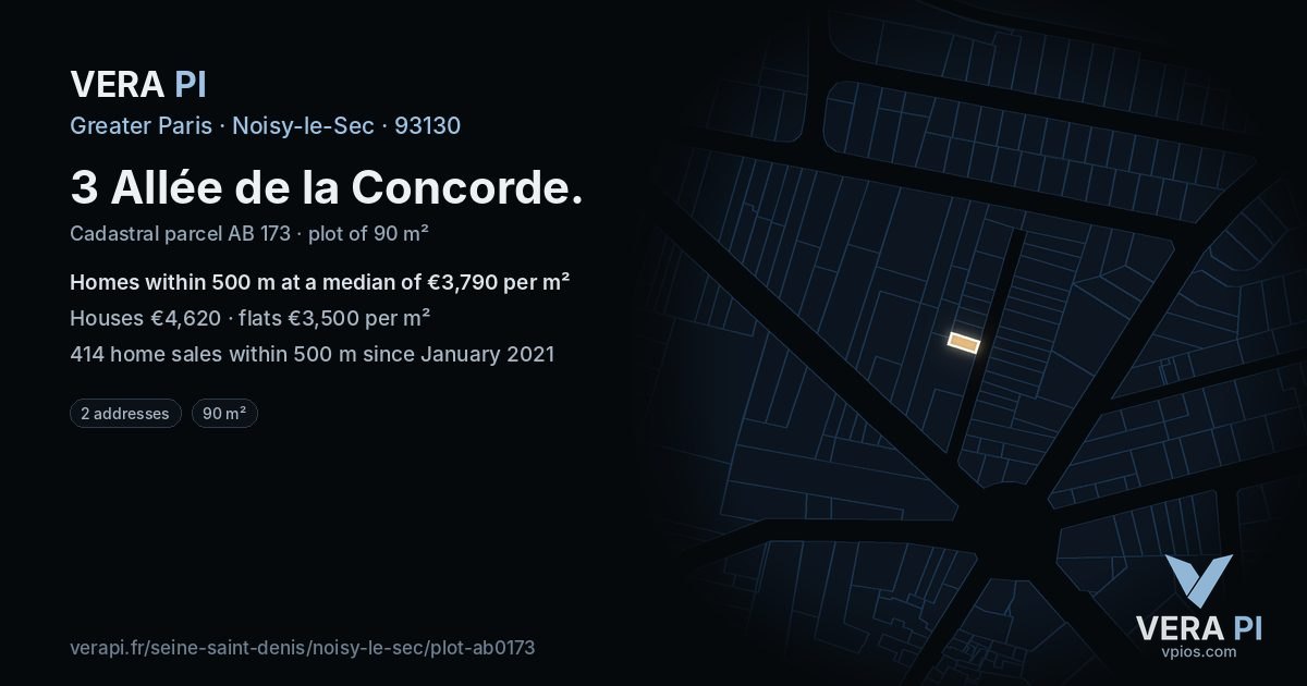 3 Allée de la Concorde, Noisy-le-Sec at night – the plot lit, the parcels around coloured by the prices near them