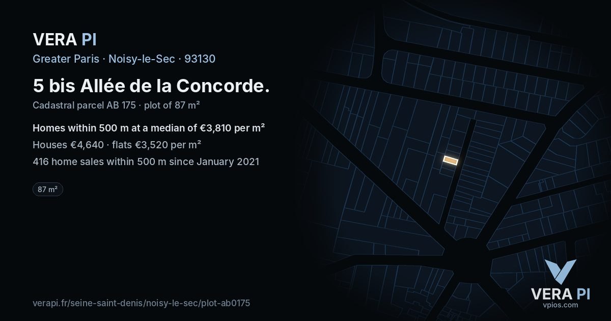 5 bis Allée de la Concorde, Noisy-le-Sec at night – the plot lit, the parcels around coloured by the prices near them