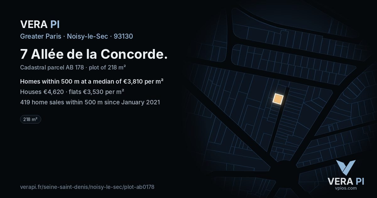 7 Allée de la Concorde, Noisy-le-Sec at night – the plot lit, the parcels around coloured by the prices near them