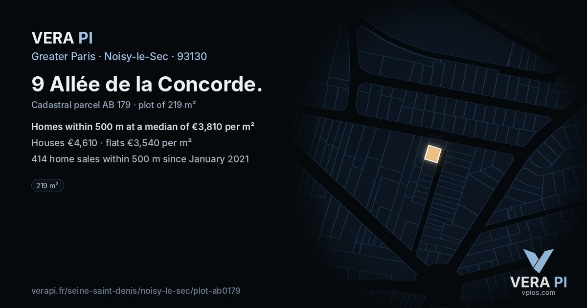 9 Allée de la Concorde, Noisy-le-Sec at night – the plot lit, the parcels around coloured by the prices near them