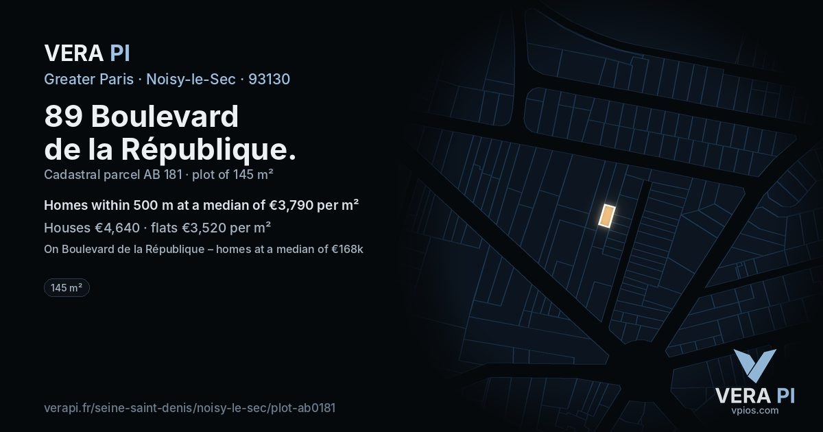 89 Boulevard de la République, Noisy-le-Sec at night – the plot lit, the parcels around coloured by the prices near them