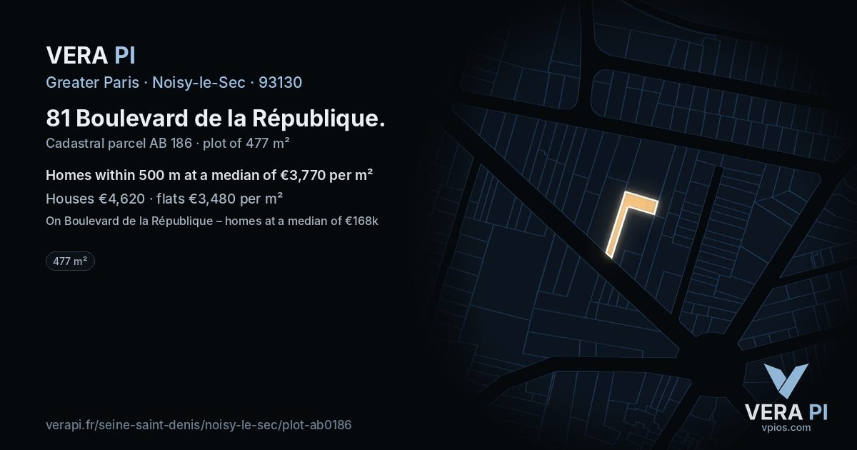 81 Boulevard de la République, Noisy-le-Sec at night – the plot lit, the parcels around coloured by the prices near them