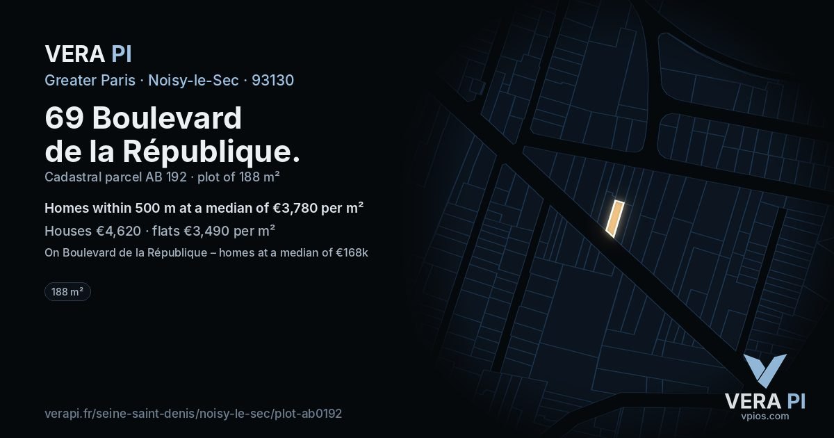 69 Boulevard de la République, Noisy-le-Sec at night – the plot lit, the parcels around coloured by the prices near them