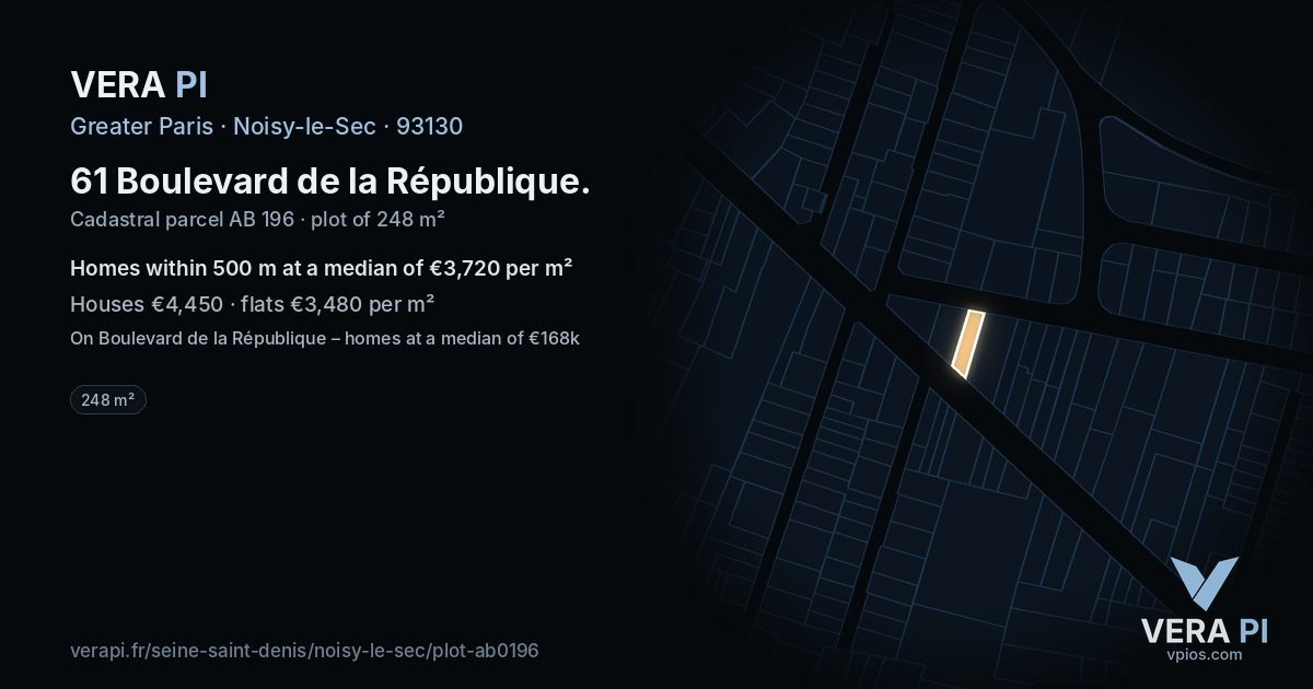 61 Boulevard de la République, Noisy-le-Sec at night – the plot lit, the parcels around coloured by the prices near them