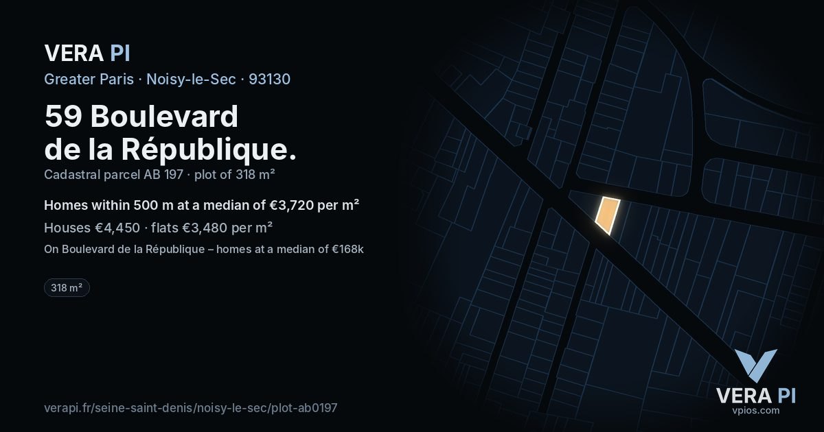 59 Boulevard de la République, Noisy-le-Sec at night – the plot lit, the parcels around coloured by the prices near them