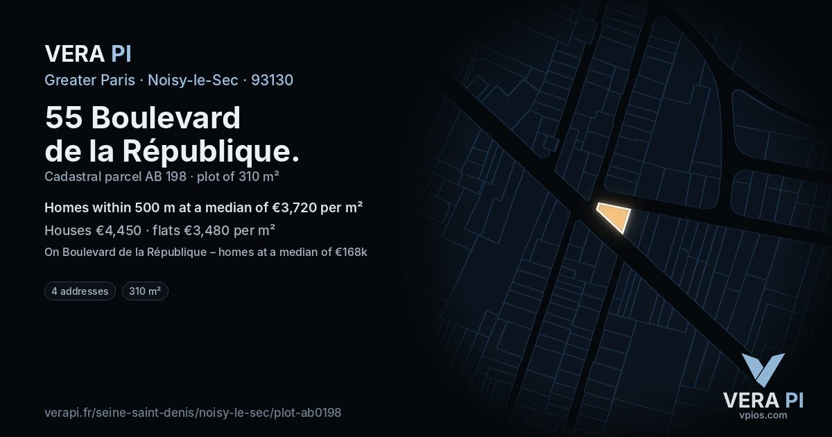 55 Boulevard de la République, Noisy-le-Sec at night – the plot lit, the parcels around coloured by the prices near them