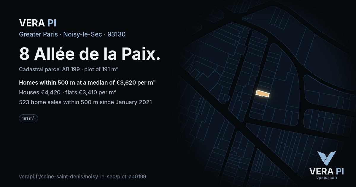 8 Allée de la Paix, Noisy-le-Sec at night – the plot lit, the parcels around coloured by the prices near them