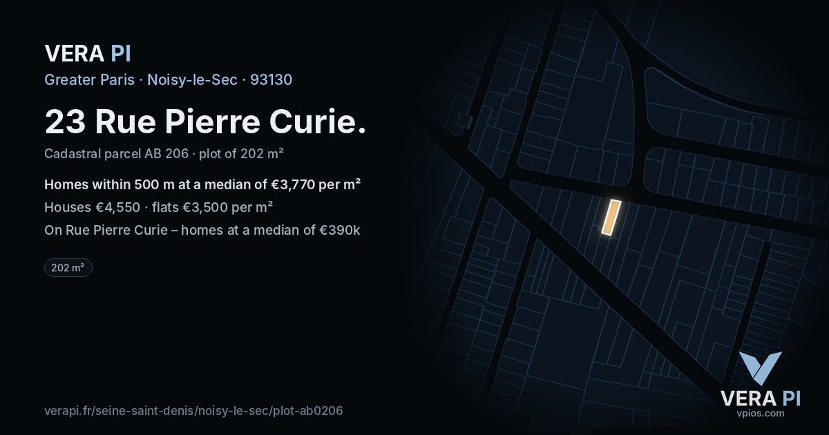 23 Rue Pierre Curie, Noisy-le-Sec at night – the plot lit, the parcels around coloured by the prices near them