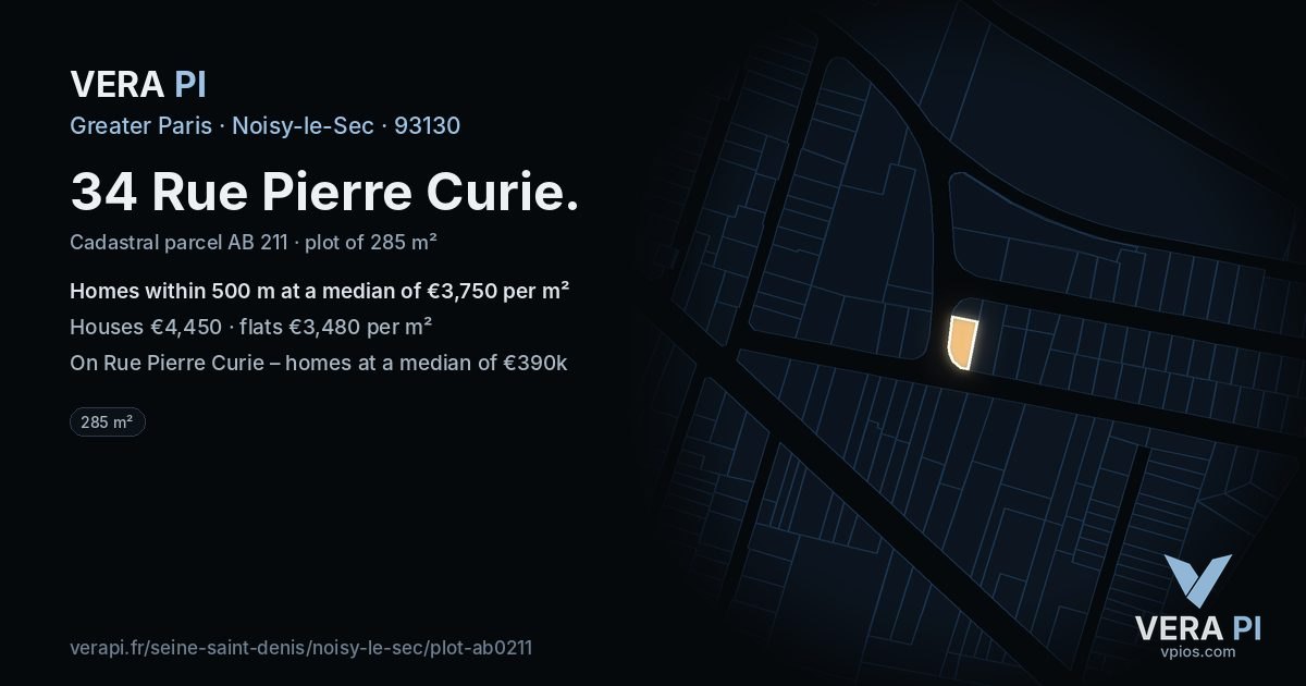 34 Rue Pierre Curie, Noisy-le-Sec at night – the plot lit, the parcels around coloured by the prices near them